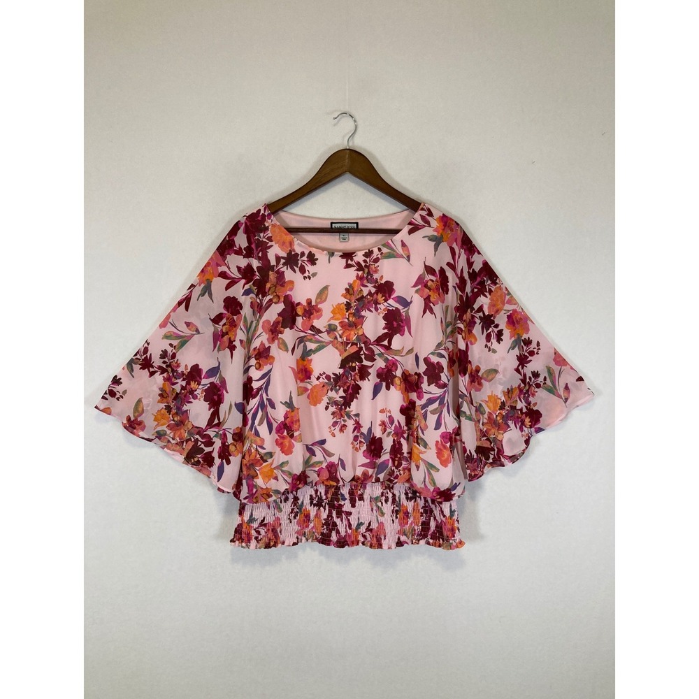 Floral Boho Sam and Jess Women XL Pink Smocked Hem Flutter Sleeve Blouse Top